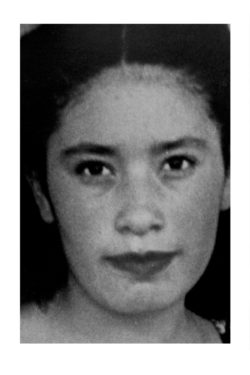 Maria Sagrario Gonzalez Flores, 17, worked at CapCom a maquiladora in Cd. Juarez. Sagrario went missing on April 16, 1998 and two weeks later on April 30, 1998 her battered body was found. Image photographed from Flyer by Christ Chavez February 2, 2002 