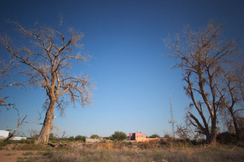 A cross stands in a cotton field in central Ciudad Juarez, Where the decomposing bodies of two women and the skeletal remains of six more were found. The lettering on the farm house in the background says, “A rural area were you can enjoy the tranquility of the outdoors in the heart of Cd. Juarez. “ September 21, 2005 Photo by Christ Chavez