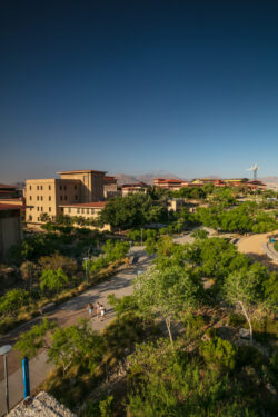 The UTEP Centenial Plaza is flanked by Bhutanese style buildings which emulate the architectrure of the Himalayan Kingdom of Bhutan. Photo by Christ Chavez